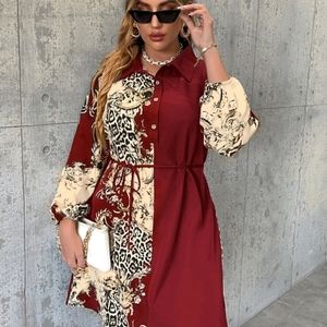 2XL Beautiful Leopard Print Belted Shirt Dress